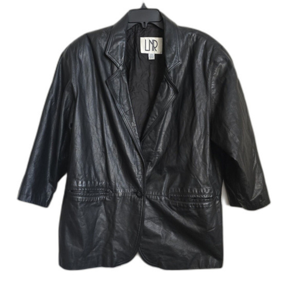 LNR Vintage Black Leather Blazer Jacket Womens Large‎ Single Button 3/4 Sleeve